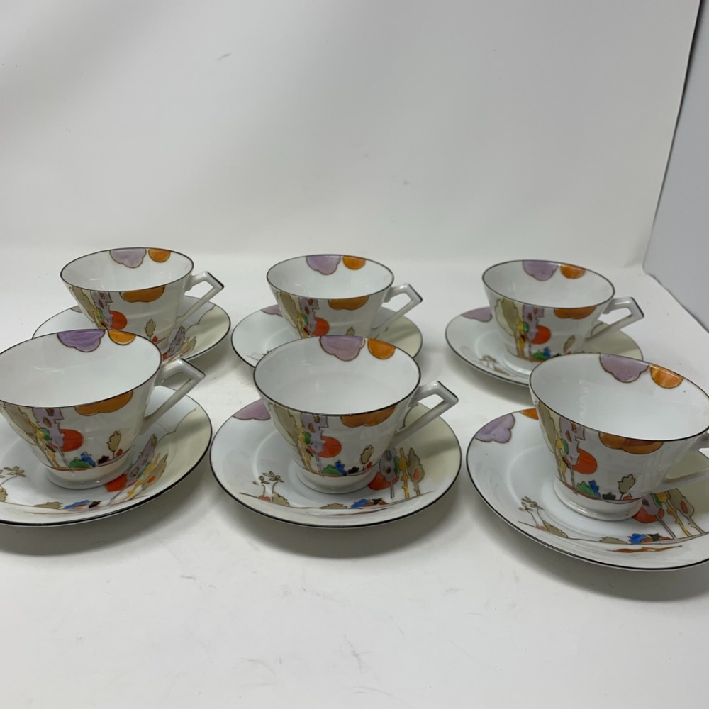 Vtg Southwestern Multicolor Tea Cup & Saucer Set  Made In Japan Lot of 6